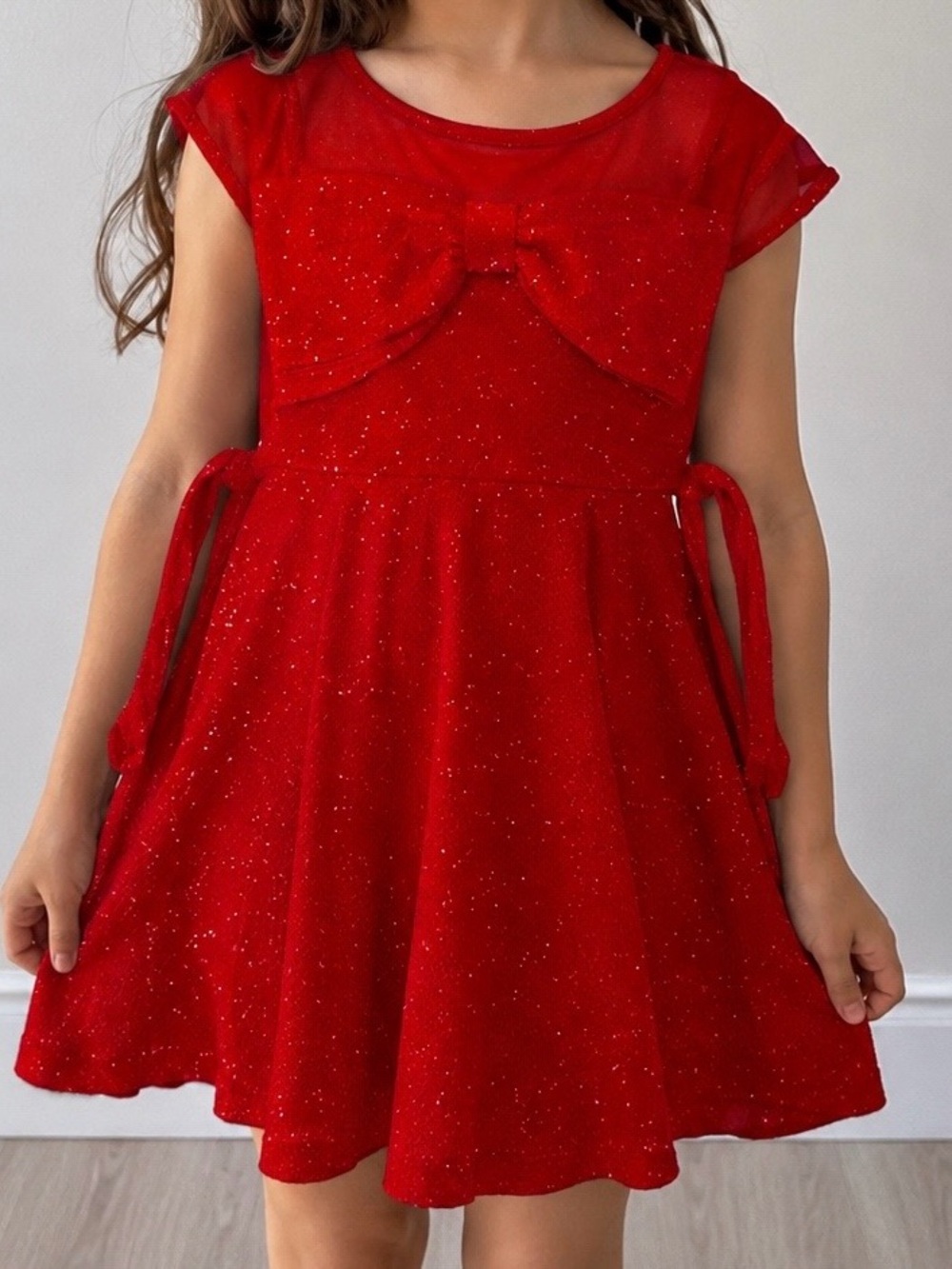 Bonnie Jean Red Sparkle Bow-Accent Party Dress